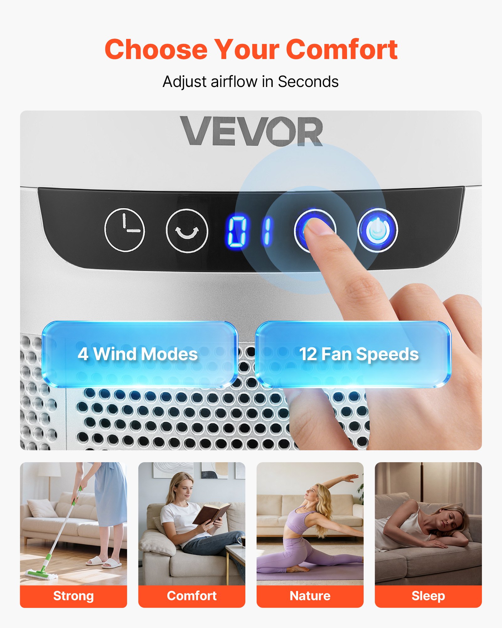VEVOR Bladeloze Torenventilator, 104 cm kolomventilator met 12 snelheden, max. 4,5 m/s, 4 standen, 8-uurs timer, 65° zwenkende staande ventilator met afstandsbediening voor slaapkamer en kantoor, wit