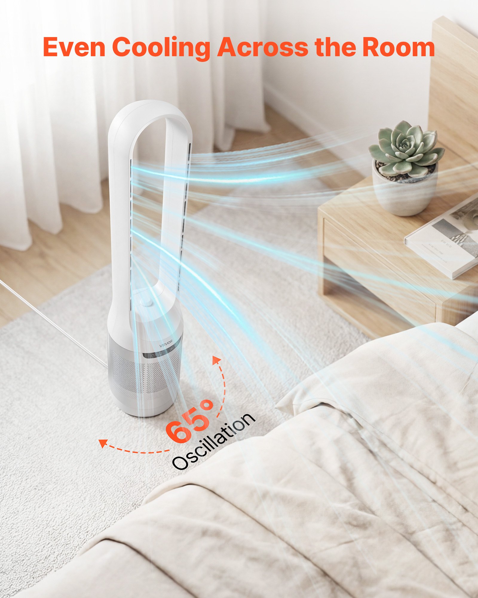 VEVOR Bladeloze Torenventilator, 104 cm kolomventilator met 12 snelheden, max. 4,5 m/s, 4 standen, 8-uurs timer, 65° zwenkende staande ventilator met afstandsbediening voor slaapkamer en kantoor, wit