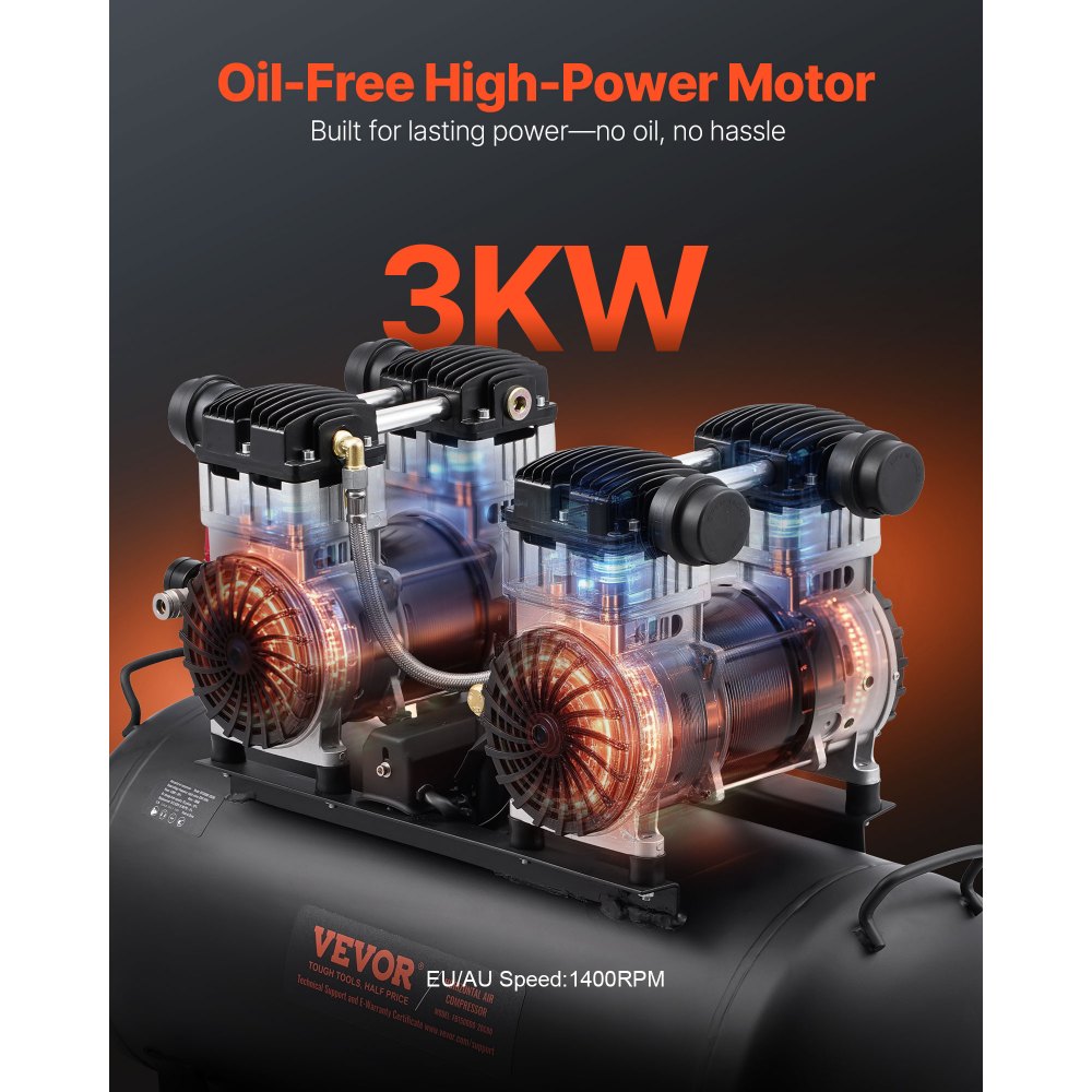 VEVOR Luchtcompressor, 20 Gallon Stalen Tank, 4 PK, 14,6 CFM bij 90 PSI, Olievrije Luchtcompressor en Max. 125 PSI Druk, 78 dB Ultra Stille Draagbare Compressor, voor Autoreparatie, Bandenspanning, Spuitverven