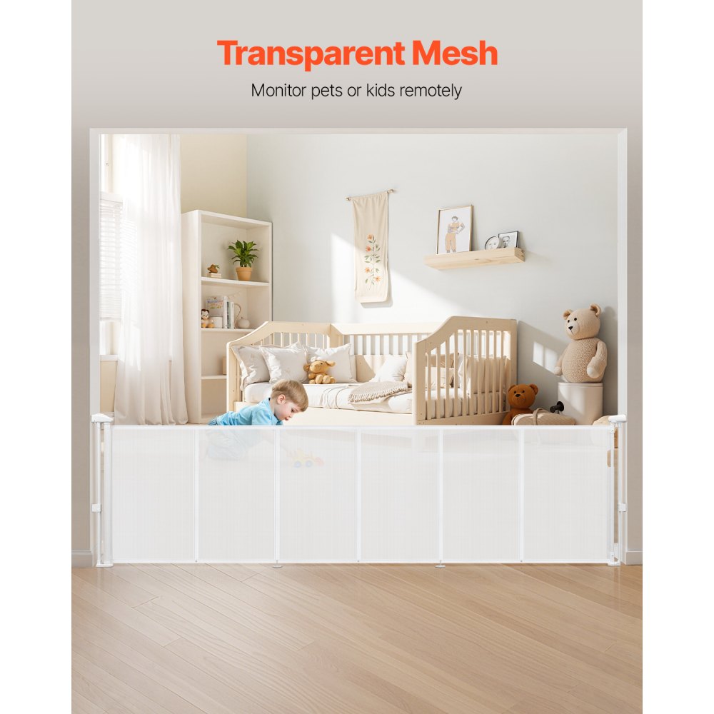 VEVOR Retractable Baby Gate, 870 mm Tall, Extends up to 2800 mm Wide, Retractable Gate for Kids or Pets, Mesh Material, Easy to Install for Indoor Stairs, Doorways, Hallways, Playrooms, White
