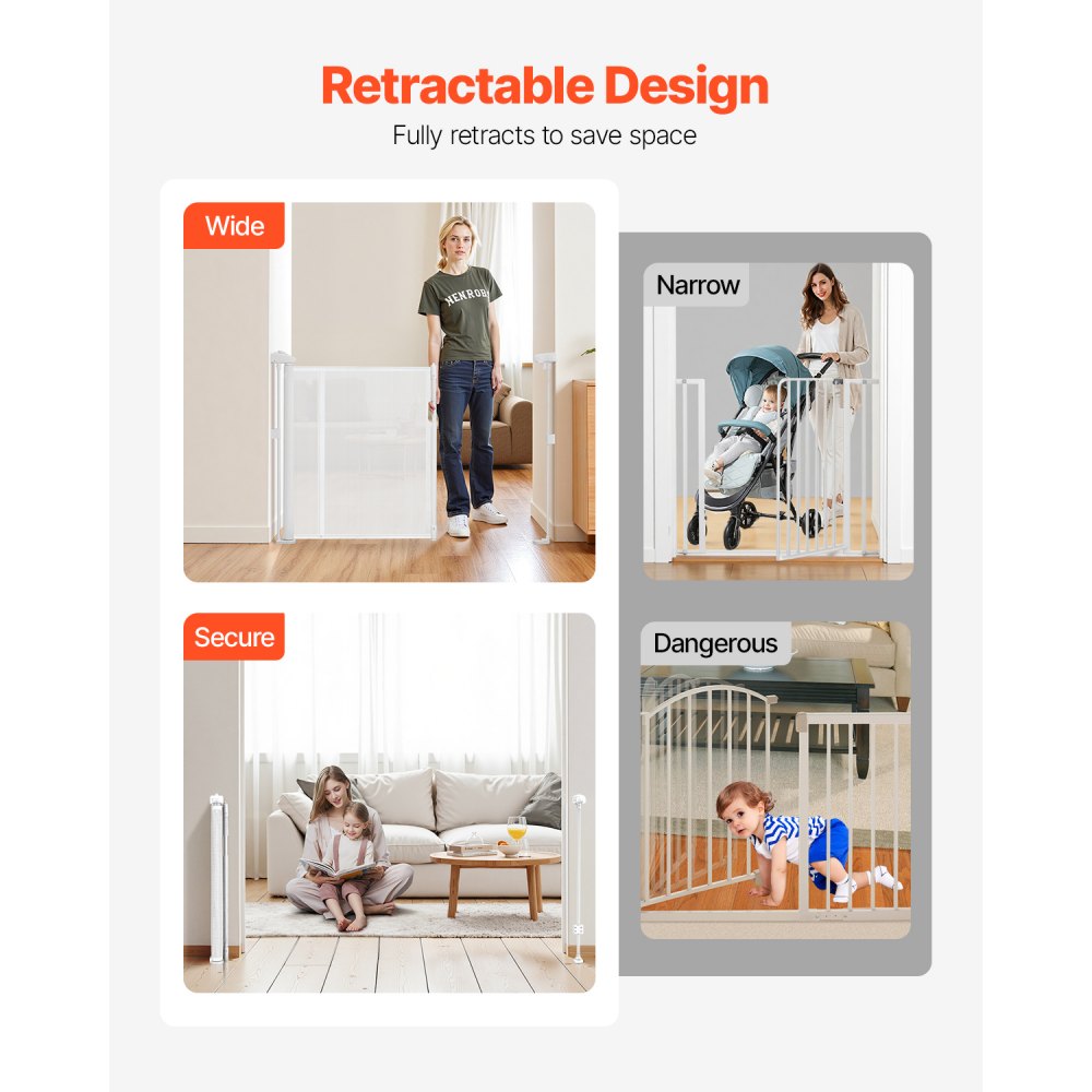 VEVOR Retractable Baby Gate, 870 mm Tall, Extends up to 2800 mm Wide, Retractable Gate for Kids or Pets, Mesh Material, Easy to Install for Indoor Stairs, Doorways, Hallways, Playrooms, White
