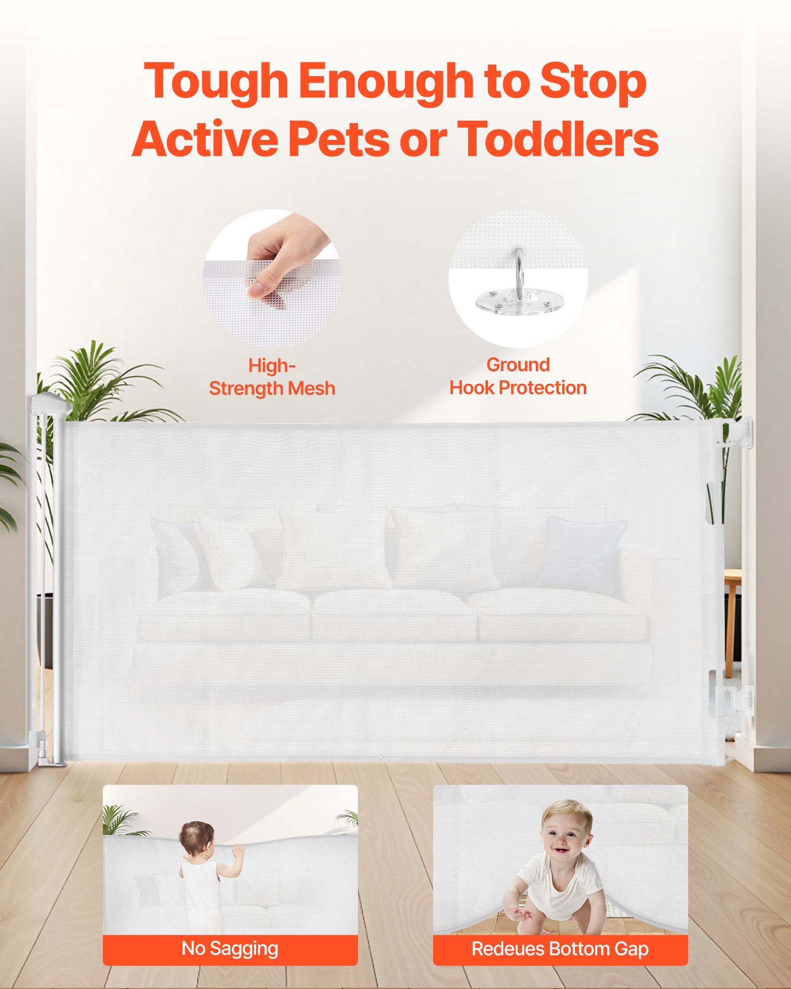 VEVOR Retractable Baby Gate, Extends to 1850 mm Wide, 795 mm Tall, with Security Lock, Easy to Use, Walk Through Without Tripping, Mesh Dog Gate for Stairs, Hallways, Indoor/Outdoor, White