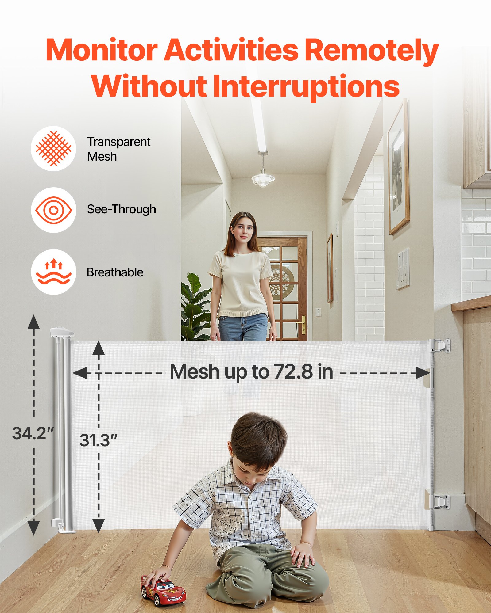 VEVOR Retractable Baby Gate, Extends to 1850 mm Wide, 795 mm Tall, with Security Lock, Easy to Use, Walk Through Without Tripping, Mesh Dog Gate for Stairs, Hallways, Indoor/Outdoor, White