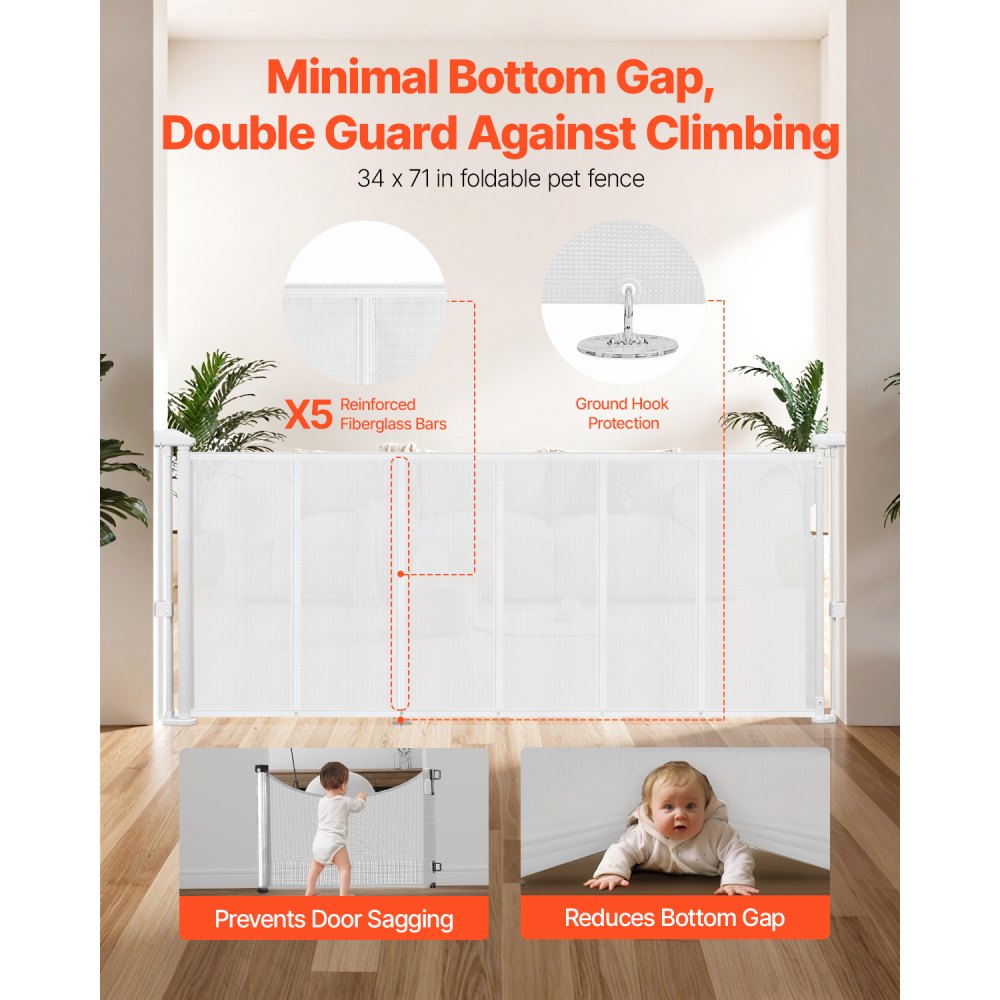 VEVOR Retractable Baby Gate, 870 mm Tall, Extends up to 1800 mm Wide, Retractable Gate for Kids or Pets, Mesh Material, Easy to Install for Indoor Stairs, Doorways, Hallways, Playrooms, White