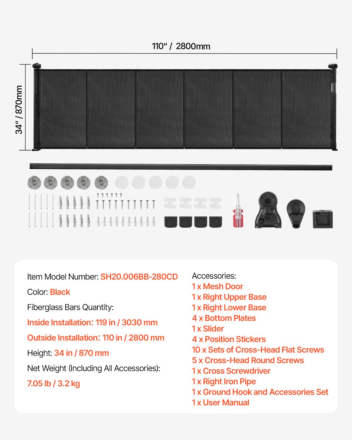 VEVOR Uitschuifbaar babyhekje (87 cm hoog uitschuifbaar tot 280 cm breed) uitschuifbaar hek voor kinderen en huisdieren, gaasmateriaal, traphekje voor binnentrappen, deuren, gangen, speelkamers, zwart