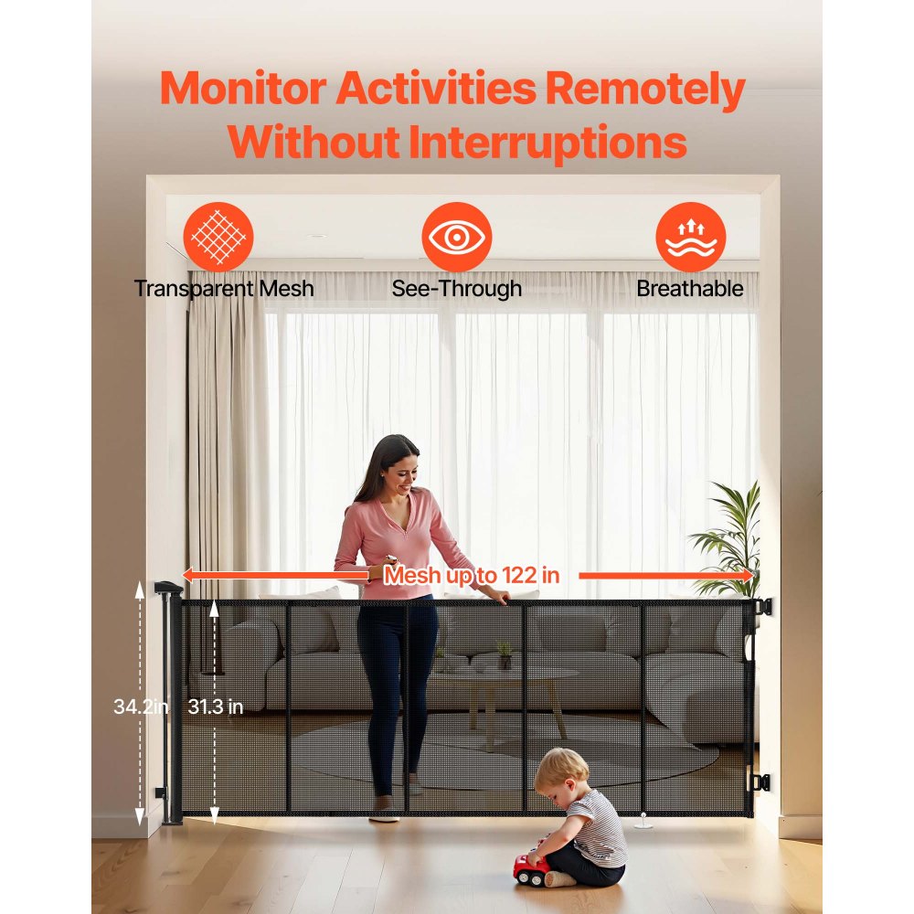 VEVOR Intrekbaar babyhekje, hondenhekje, uitschuifbaar tot 310 cm (B) / 795 mm (H), traphekje met veiligheidsslot, gaasveiligheidshekje voor trappen en gangen, binnen/buiten, zwart