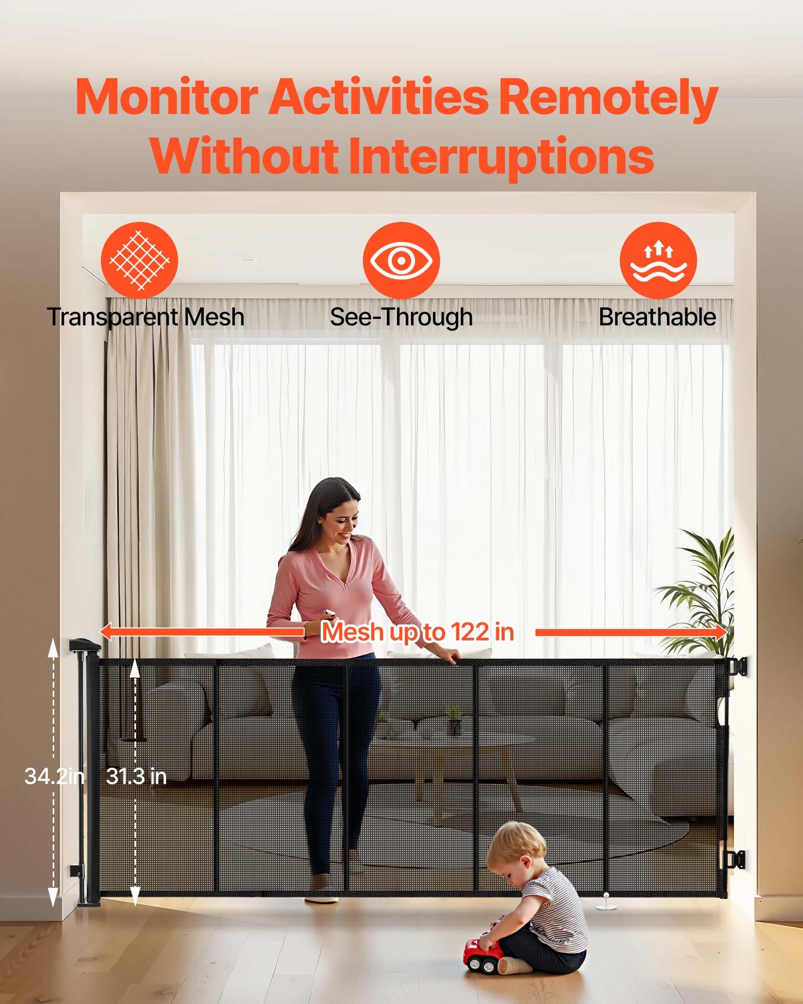 VEVOR Retractable Baby Gate, Extends to 3100 mm Extra Wide, 795 mm Tall, with Reinforced Fiberglass Strips, Avoids Crawling Through, Mesh Dog Gate for Decks, Doorways, Garages, Indoor, Black