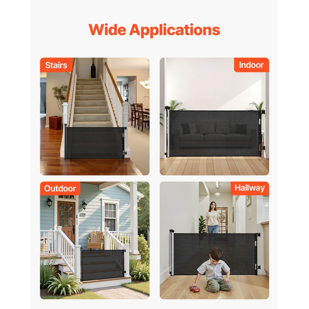 VEVOR Retractable Baby Gate, Extends to 1430 mm Wide, 795 mm Tall, with Security Lock, Easy to Use, Walk Through Without Tripping, Mesh Dog Gate for Stairs, Hallways, Indoor/Outdoor, Black