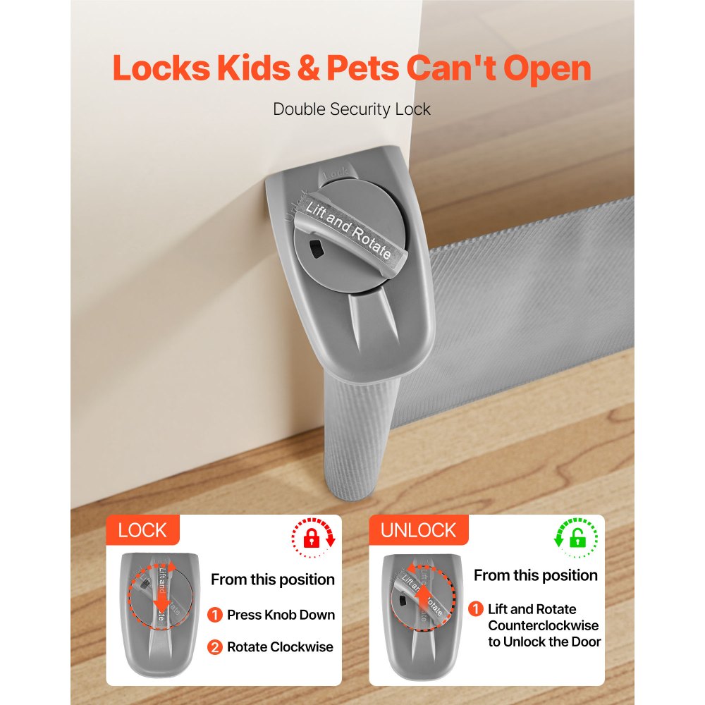 VEVOR Retractable Baby Gate, Extends to 1450 mm Wide, 980 mm Tall, with Security Lock, Easy to Use, Walk Through Without Tripping, Mesh Dog Gate for Stairs, Hallways, Indoor/Outdoor, Gray