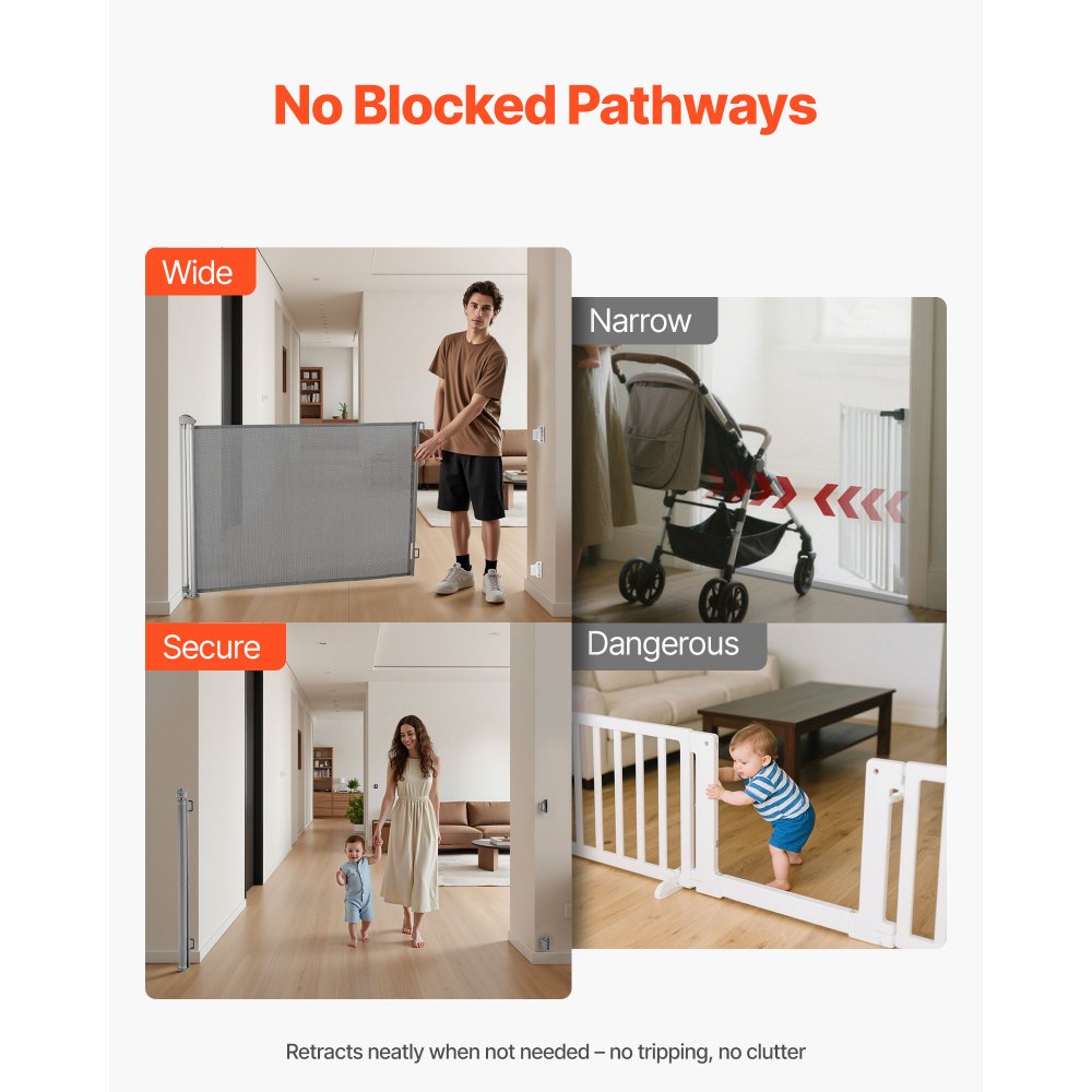 VEVOR Retractable Baby Gate, Extends to 1450 mm Wide, 980 mm Tall, with Security Lock, Easy to Use, Walk Through Without Tripping, Mesh Dog Gate for Stairs, Hallways, Indoor/Outdoor, Gray