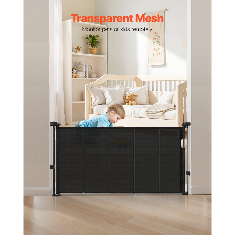 VEVOR Retractable Baby Gate, 870 mm Tall, Extends up to 1400 mm Wide, Retractable Gate for Kids or Pets, Mesh Material, Easy to Install for Indoor Stairs, Doorways, Hallways, Playrooms, Black