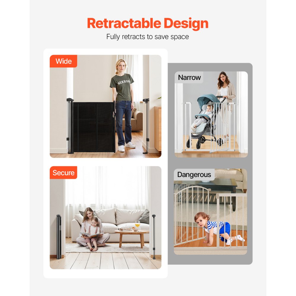VEVOR Retractable Baby Gate, 870 mm Tall, Extends up to 1400 mm Wide, Retractable Gate for Kids or Pets, Mesh Material, Easy to Install for Indoor Stairs, Doorways, Hallways, Playrooms, Black