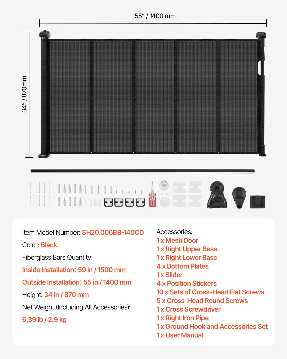 VEVOR Retractable Baby Gate, 870 mm Tall, Extends up to 1400 mm Wide, Retractable Gate for Kids or Pets, Mesh Material, Easy to Install for Indoor Stairs, Doorways, Hallways, Playrooms, Black