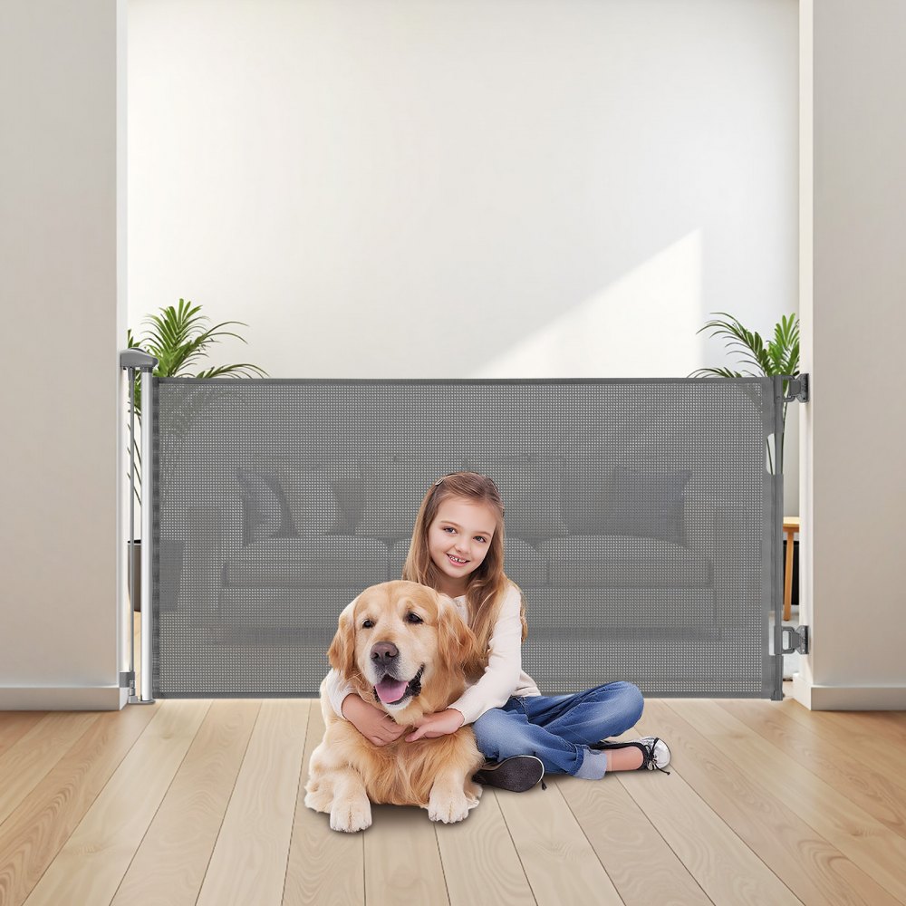 VEVOR Intrekbaar babyhekje, hondenhekje, uitschuifbaar tot 143 cm breed / 795 mm hoog, traphekje met veiligheidsslot, gaasveiligheidshekje voor trappen en gangen, binnen/buiten, grijs