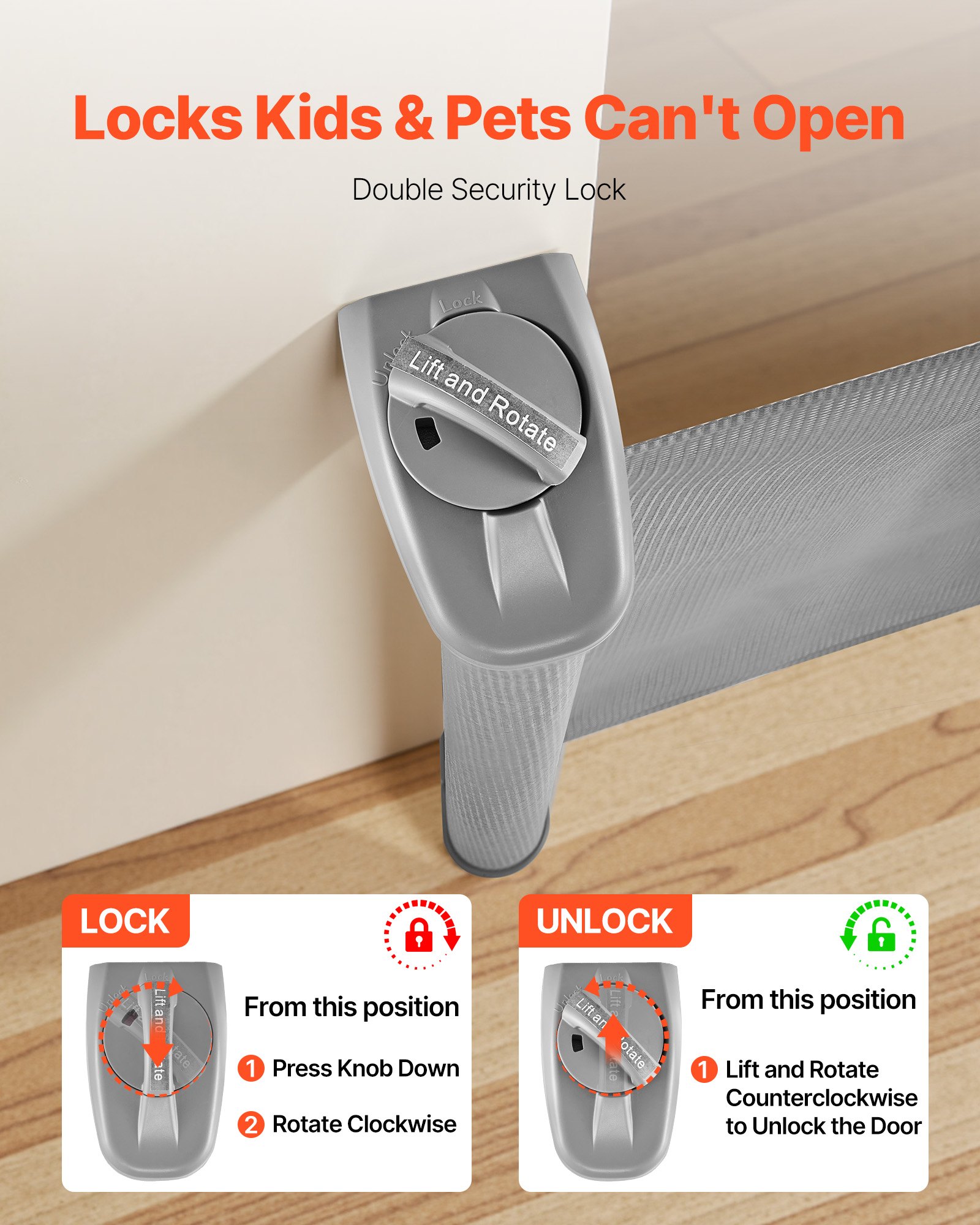 VEVOR Retractable Baby Gate, Extends to 1430 mm Wide, 795 mm Tall, with Security Lock, Easy to Use, Walk Through Without Tripping, Mesh Dog Gate for Stairs, Hallways, Indoor/Outdoor, Gray