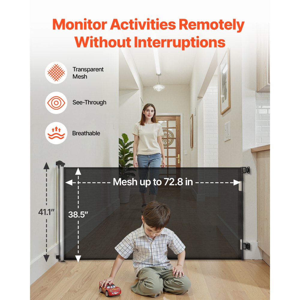 VEVOR Intrekbaar babyhekje, hondenhekje, uitschuifbaar tot 185 cm (B) / 795 mm (H), traphekje met veiligheidsslot, gaasveiligheidshekje voor trappen en gangen, binnen/buiten, zwart