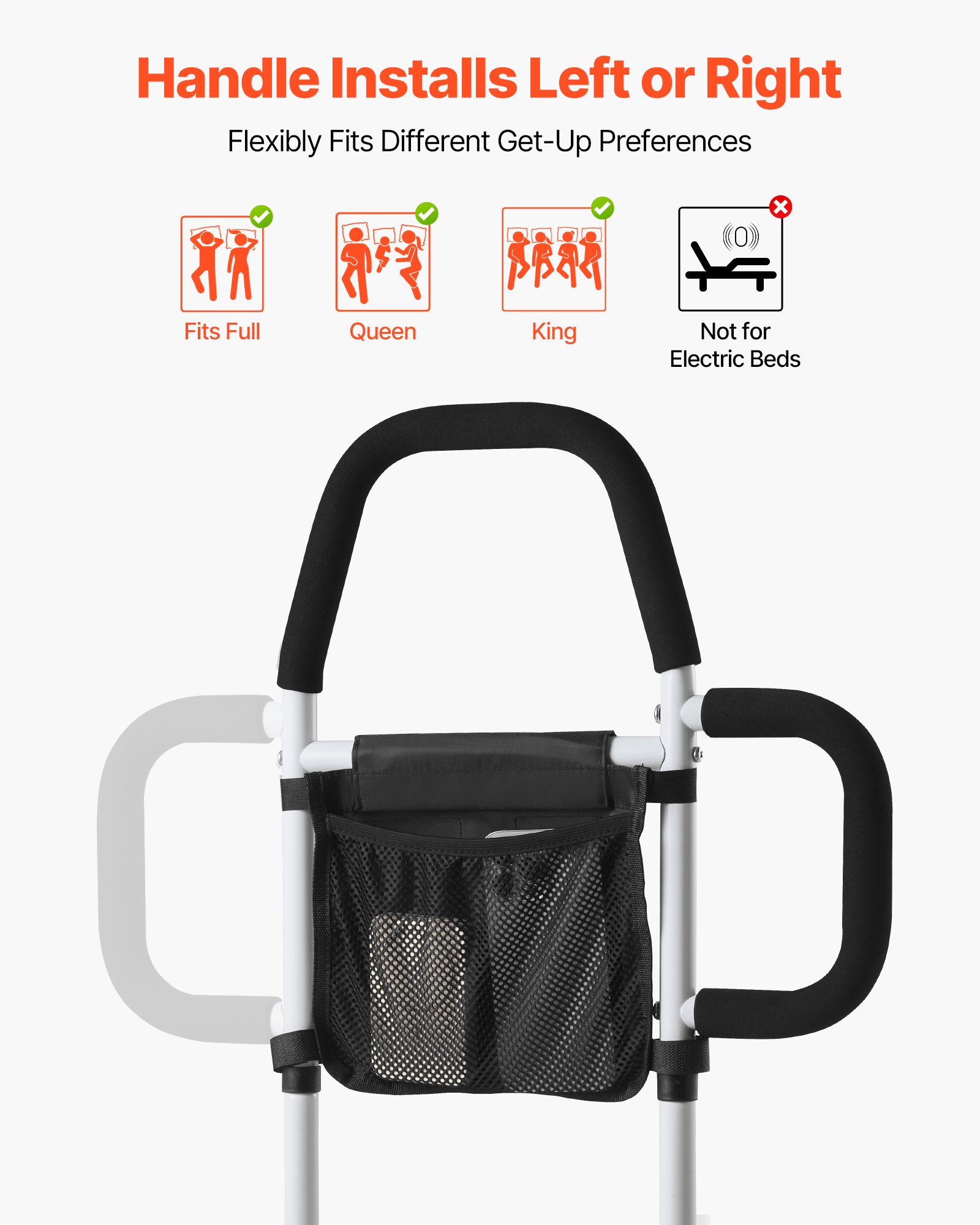 VEVOR Bedhek 610x400x645 mm, bedhek met zijhandgreep en PU-leuning, instaphulp van koolstofstalen buis voor senioren, geschikt voor kingsize-, queensize-, tweepersoonsbedden en eenpersoonsbedden