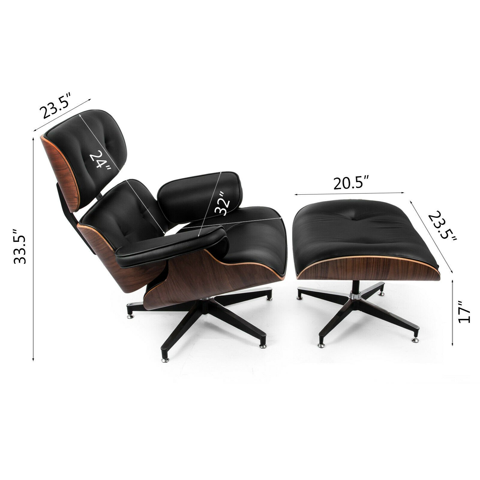 Klassieke fauteuil en poef PU-leer walnoot multiplex Eames-stijl