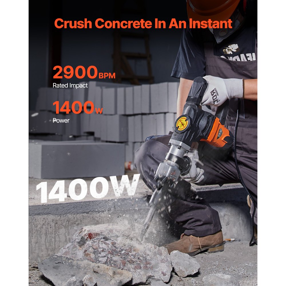 VEVOR Zware betonsloophamer 1400W, 19J slagkracht elektrische sloophamer, boorhamer, betonhamer, beitelhamer 2900 BPM, inclusief puntbeitel, platte beitel, voor leisteen, beton, enz.
