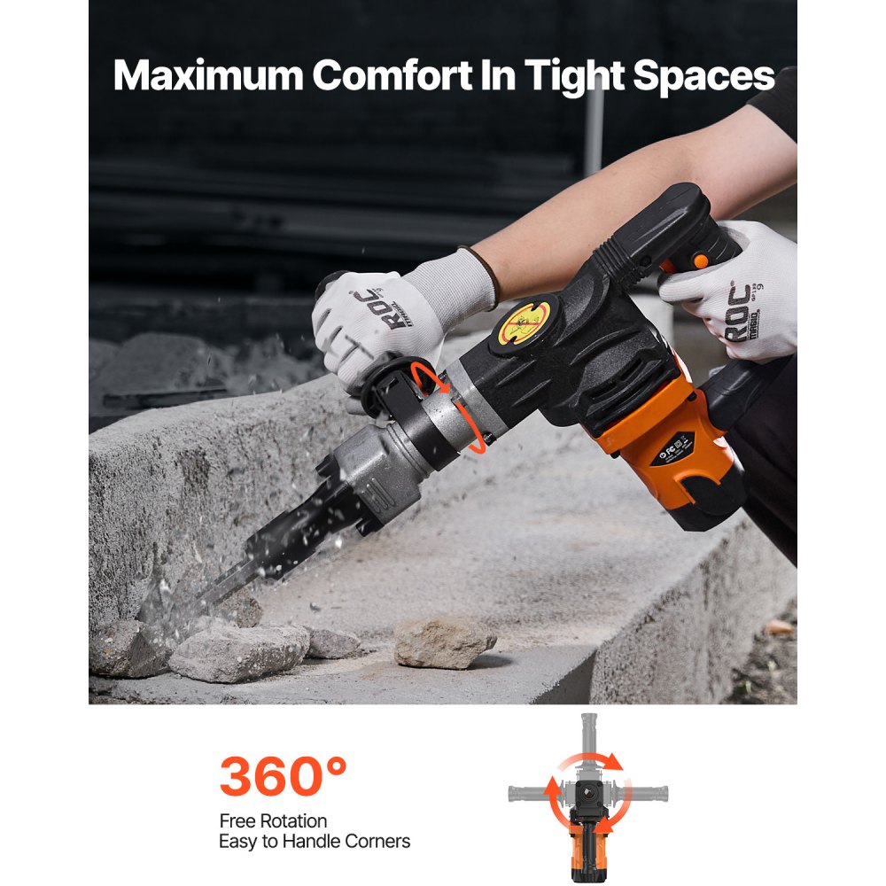 VEVOR Zware betonsloophamer 1400W, 19J slagkracht elektrische sloophamer, boorhamer, betonhamer, beitelhamer 2900 BPM, inclusief puntbeitel, platte beitel, voor leisteen, beton, enz.