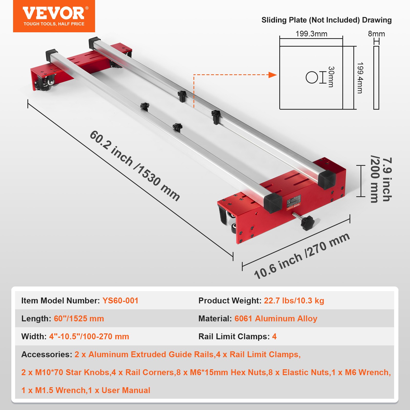 VEVOR Router Sled Adjustable Wood Slab Flattening Mill Router Jig 60" Length