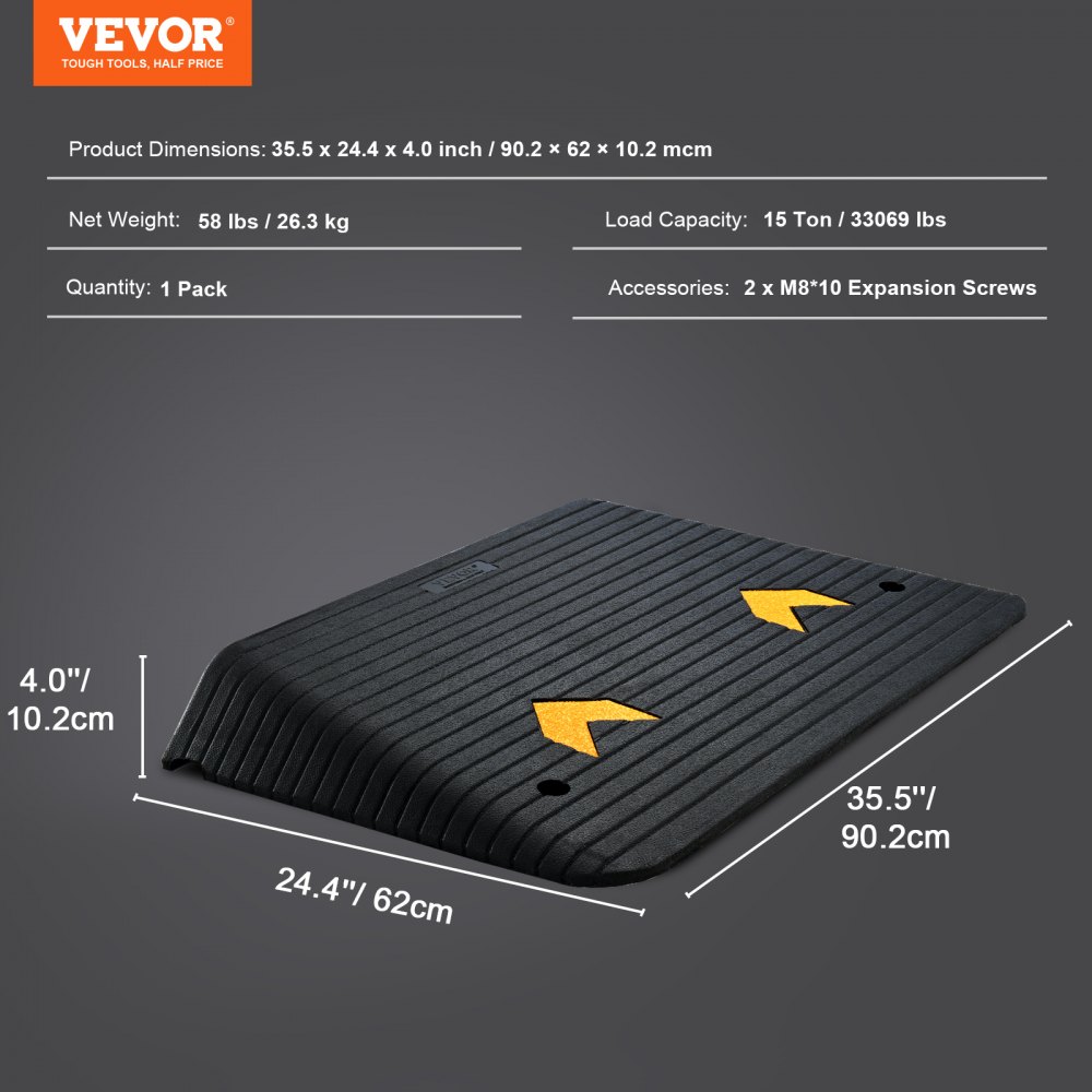 VEVOR Threshold Ramp Solid Rubber Door Threshold Ramp 15T Load Capacity Curb Ramp with Channel 90.2x62x10.2cm Wheelchair Ramp Rubber Ramp Ideal for Uneven Ground Curbs