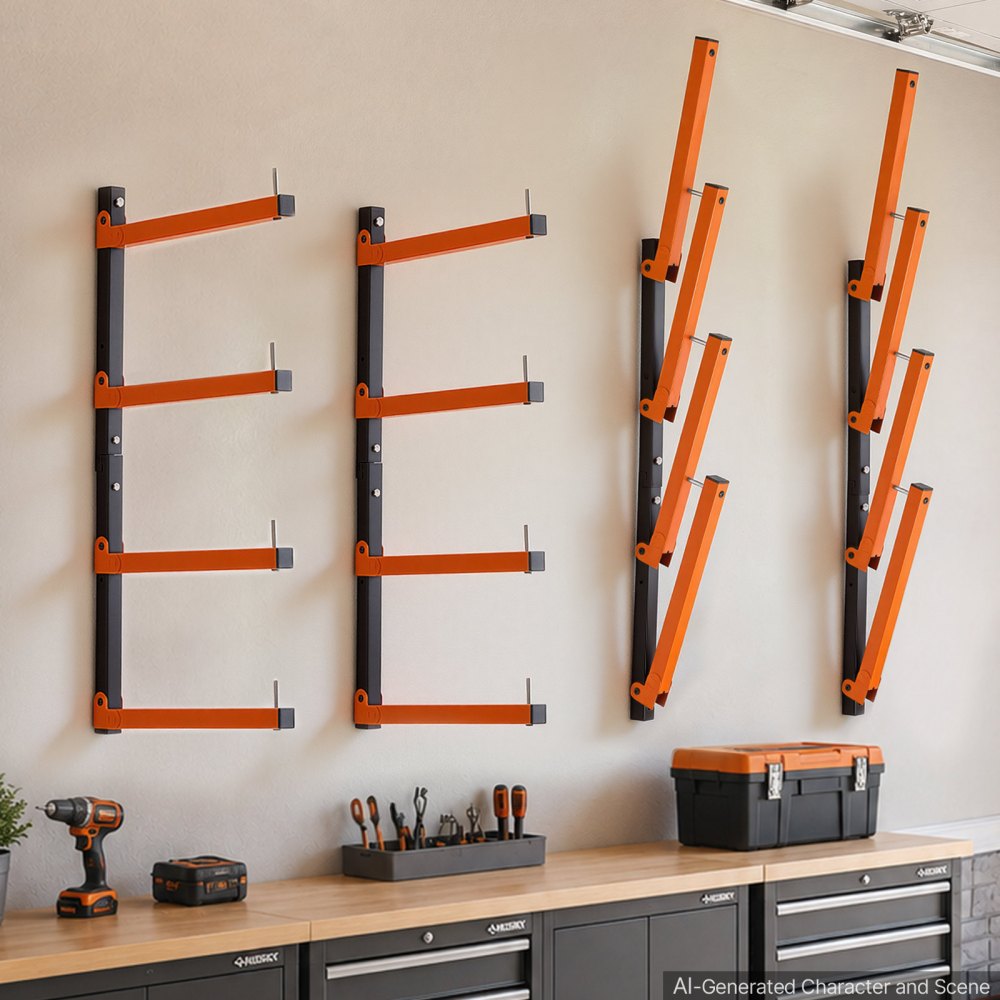 VEVOR 4x Cantileverrek met 4 lagen, opvouwbaar houten opbergrek, 50 kg per laag, metalen wandrek voor werkplaats, magazijn, garage, kelder, gemaakt van koolstofstaal, met opklapbare armen en vergrendelpinnen.