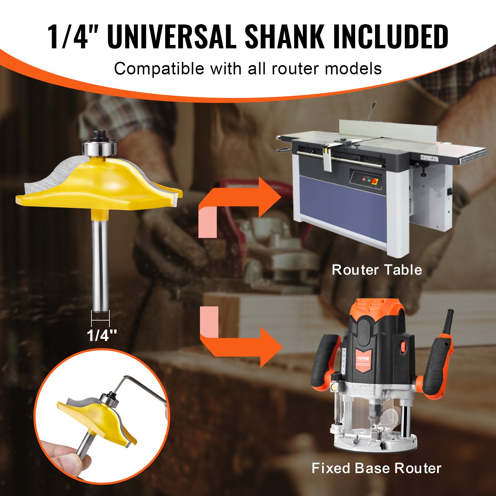 VEVOR Freesset, 3-delige freesset met 1/4-inch schacht, kunststof draagtas, houtbewerkingsgereedschap voor professionele en beginnende timmerlieden, voor hout, MDF, spaanplaat, multiplex