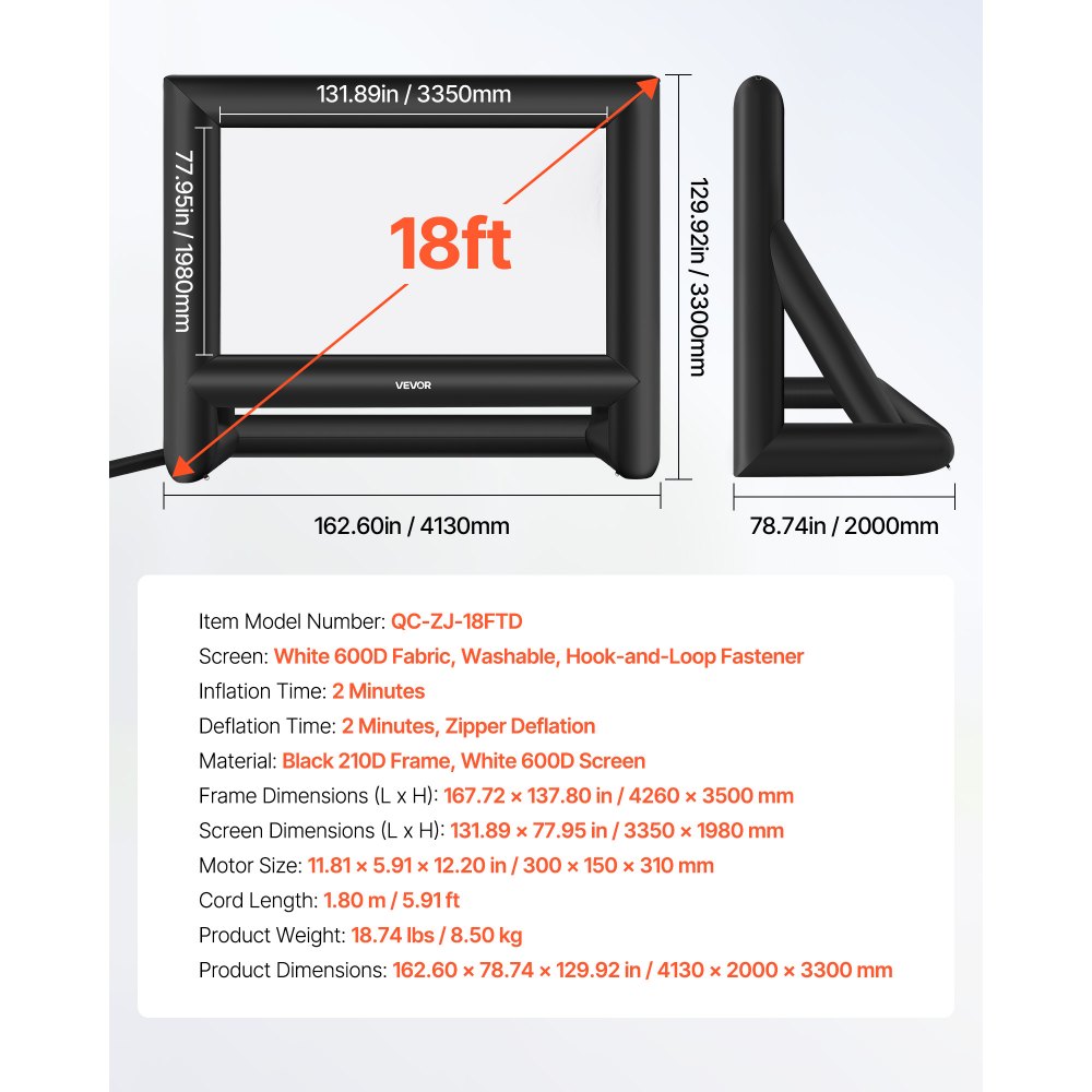 VEVOR Opblaasbaar filmscherm Projectiescherm van 600D, projectiescherm met draagbare opbergtas, 16:9, filmprojectie voor thuisbioscoop, themafeest, zwembadplezier (413 x 200 x 330 cm)
