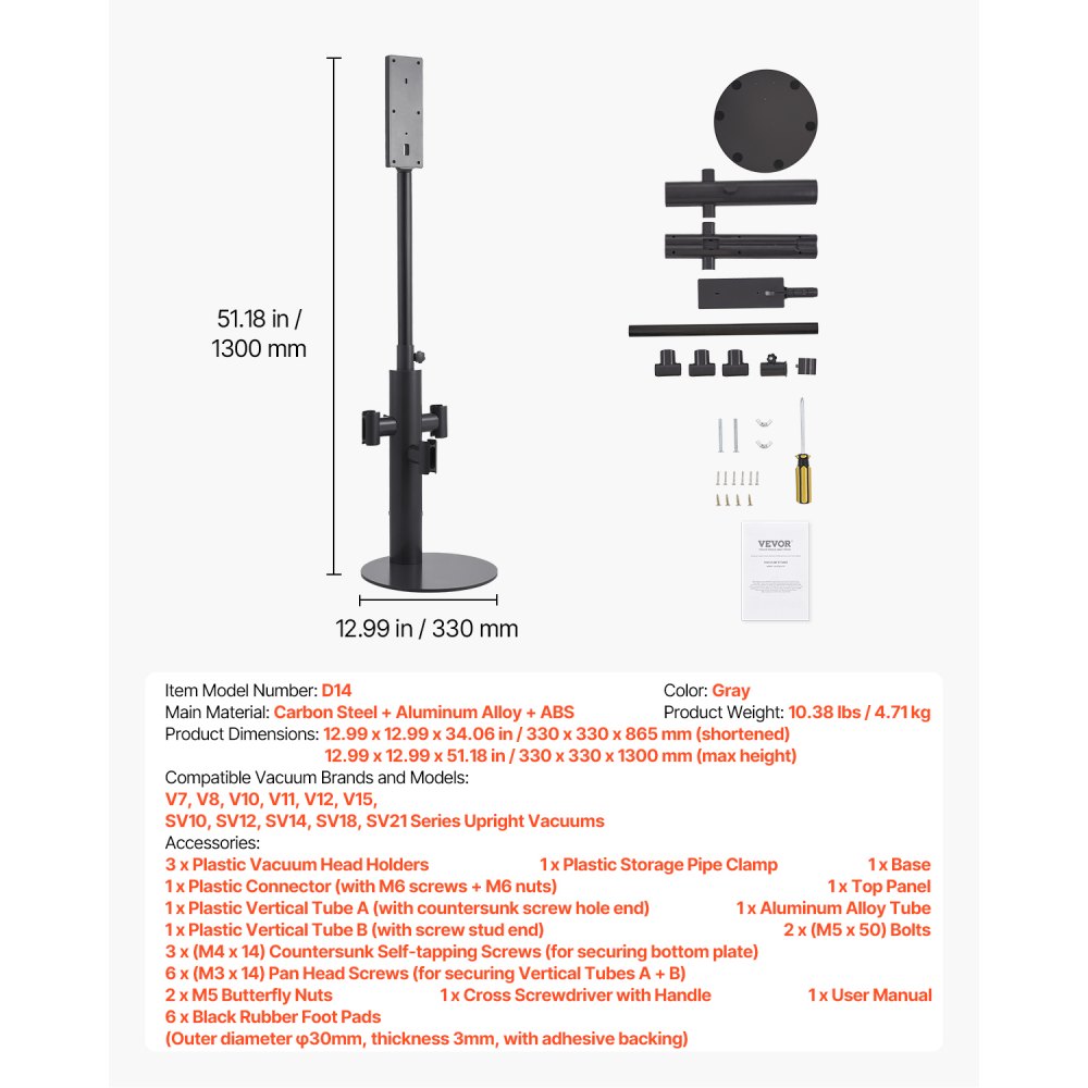 VEVOR Stofzuigerstandaard 130 cm, compatibel met Dyson V7 V8 V10 V11 V12 V15 SV10 SV12 SV14 SV18 SV21 Staande stofzuigers en accessoires, Stofzuigerstandaardhouder met 3 clips en in hoogte verstelbaar