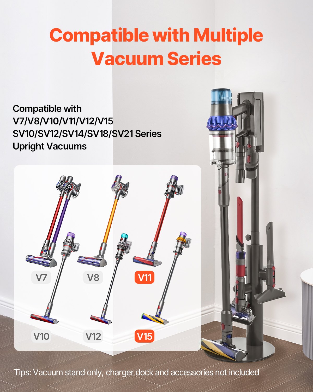 VEVOR Stofzuigerstandaard 130 cm, compatibel met Dyson V7 V8 V10 V11 V12 V15 SV10 SV12 SV14 SV18 SV21 Staande stofzuigers en accessoires, Stofzuigerstandaardhouder met 3 clips en in hoogte verstelbaar
