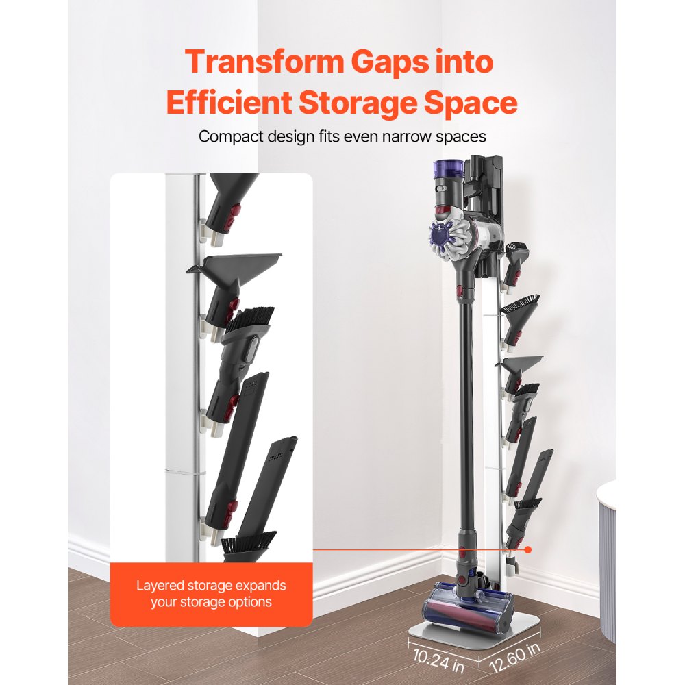 VEVOR Stofzuigerstandaard 126 cm, compatibel met Dyson G5 V15 V12 V11 V10 V8 V7 V6 Serie Staande Stofzuigers & Accessoires, Vloerstandaard, Houder met 6 Haken & Antislip Voetjes, Zilver