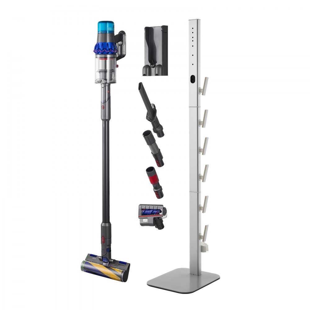 VEVOR Stofzuigerstandaard 126 cm, compatibel met Dyson G5 V15 V12 V11 V10 V8 V7 V6 Serie Staande Stofzuigers & Accessoires, Vloerstandaard, Houder met 6 Haken & Antislip Voetjes, Zilver