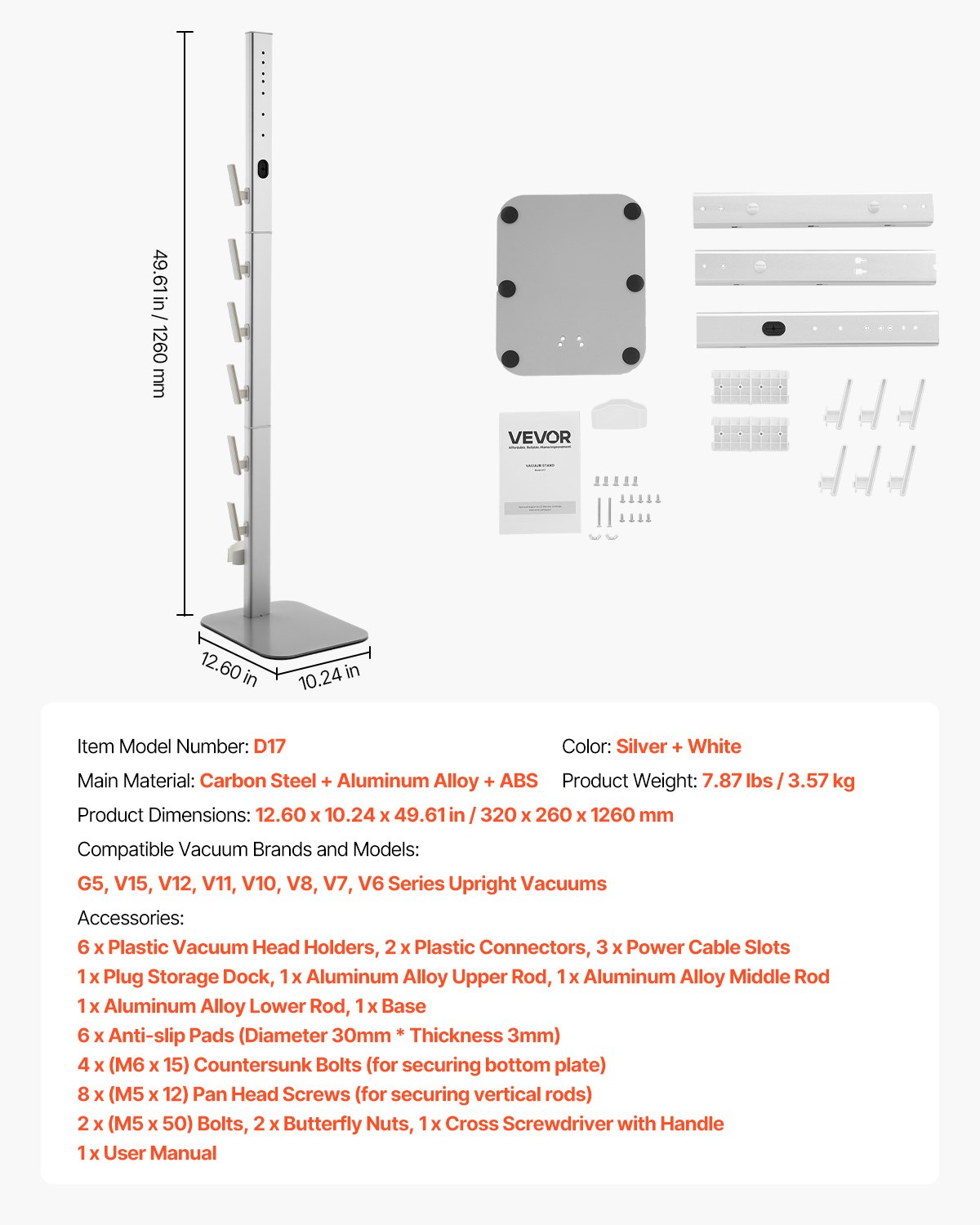 VEVOR Stofzuigerstandaard 126 cm, compatibel met Dyson G5 V15 V12 V11 V10 V8 V7 V6 Serie Staande Stofzuigers & Accessoires, Vloerstandaard, Houder met 6 Haken & Antislip Voetjes, Zilver