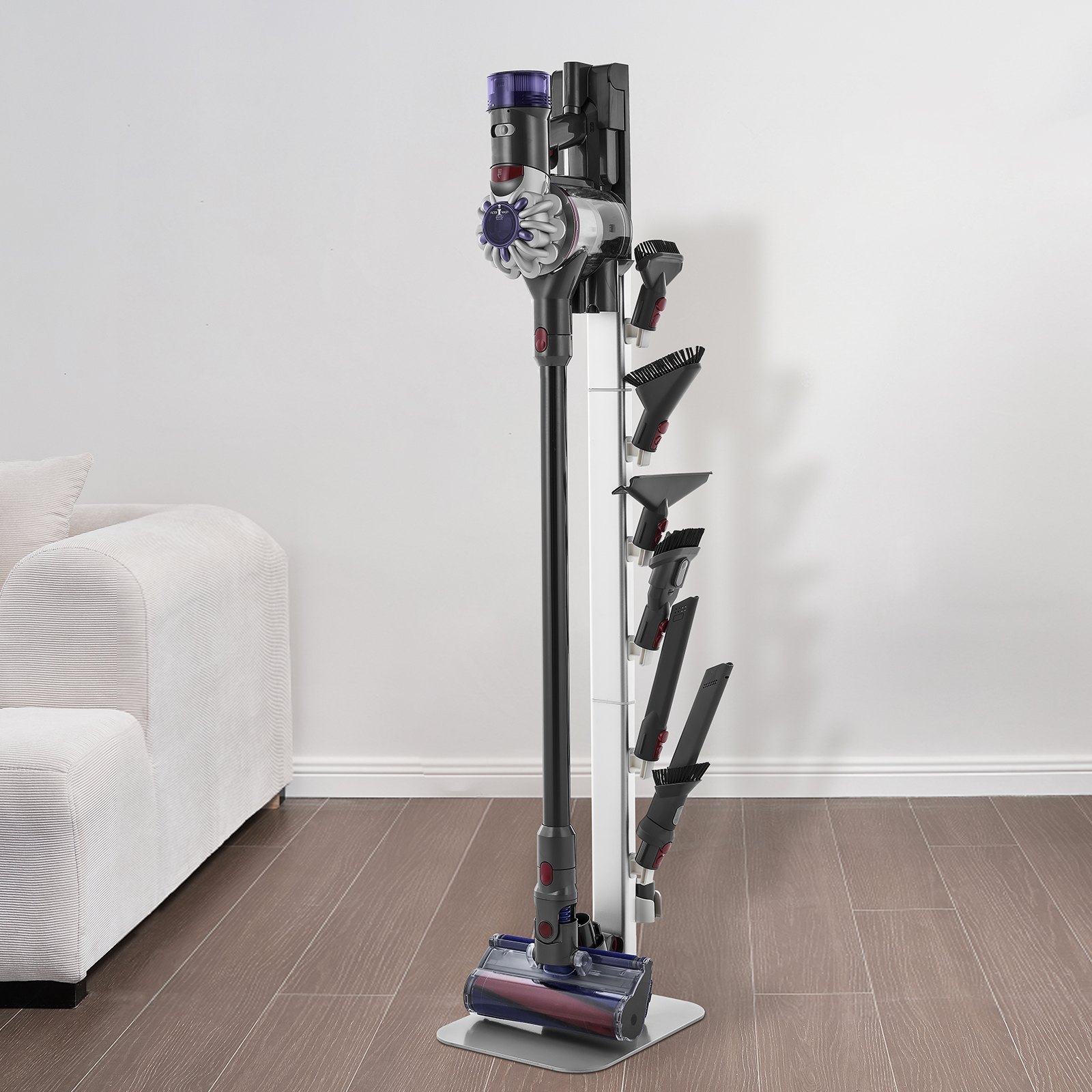 VEVOR Stofzuigerstandaard 126 cm, compatibel met Dyson G5 V15 V12 V11 V10 V8 V7 V6 Serie Staande Stofzuigers & Accessoires, Vloerstandaard, Houder met 6 Haken & Antislip Voetjes, Zilver