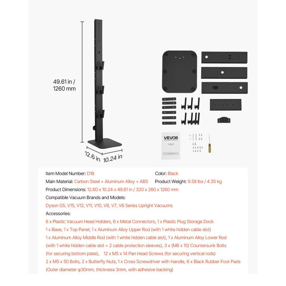 VEVOR Stofzuigerstandaard 32 x 26 x 126 cm, compatibel met Dyson G5 V15 V12 V11 V10 V8 V7 V6 Serie Staande Stofzuigers & Accessoires, Vloerstandaard, Houder met 6 Haken & Antislip Voetjes, Zwart