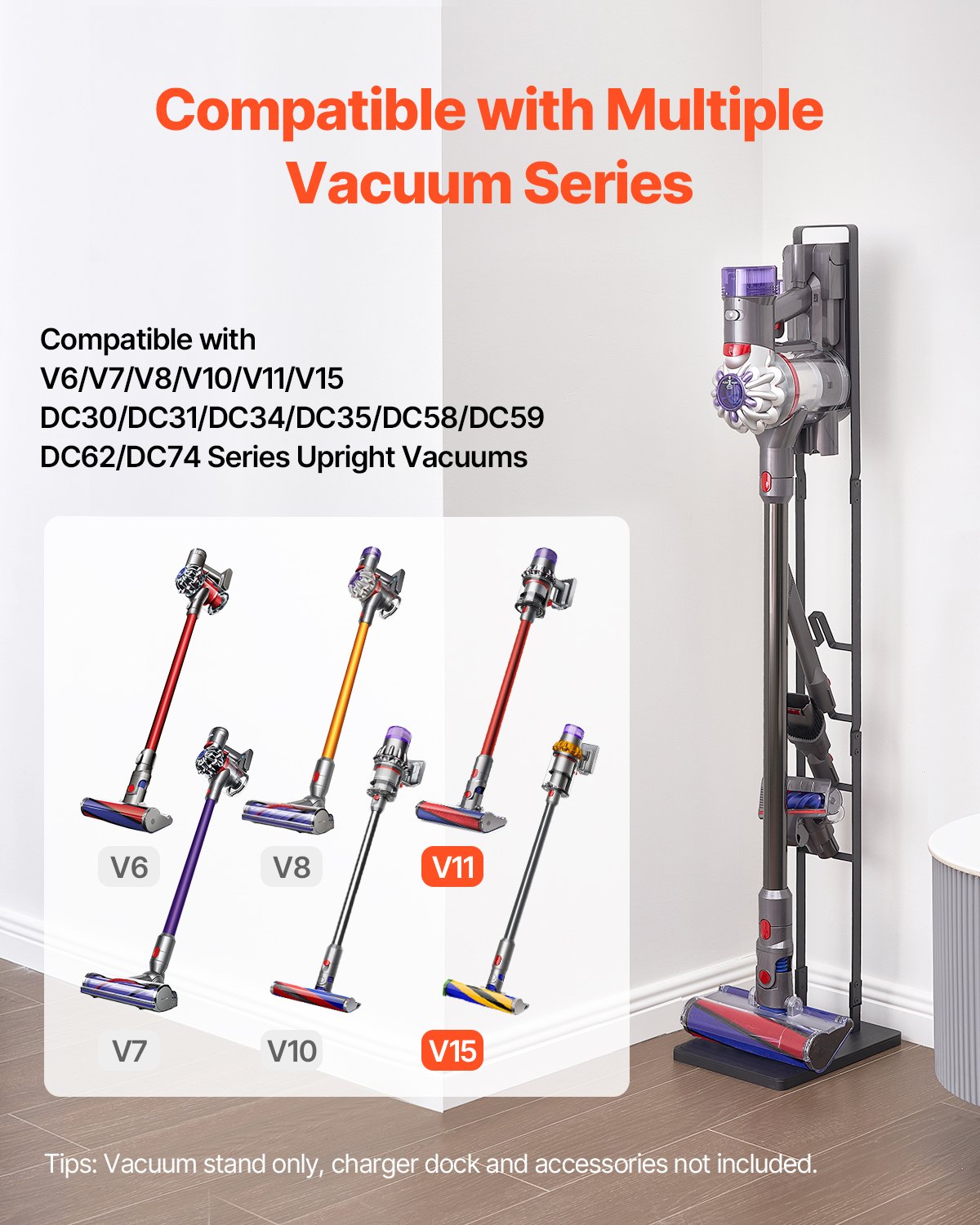 VEVOR stofzuigerstandaard, compatibel met Dyson V6 V7 V8 V10 V11 V15, stofzuigerstandaardhouder met 4 haken voor Dyson DC30 DC31 DC34 DC35 DC58 DC59 DC62 D74 draadloze stofzuigers en accessoires