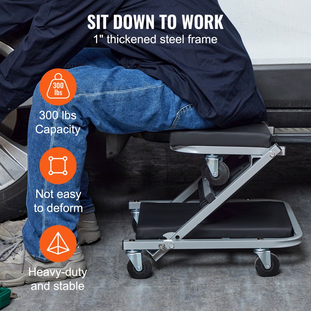 VEVOR 2 in 1 Auto Werkplaats Rolplank Werkplaats Ligstoel, Montage Ligstoel Werkplaatskruk 915 x 415 x 128 mm Montage Rolplank Zitting, Staal + Vinyl 360° Zwenkwielen Opvouwbare Zitting tot 136 kg Draagvermogen Rolligstoel