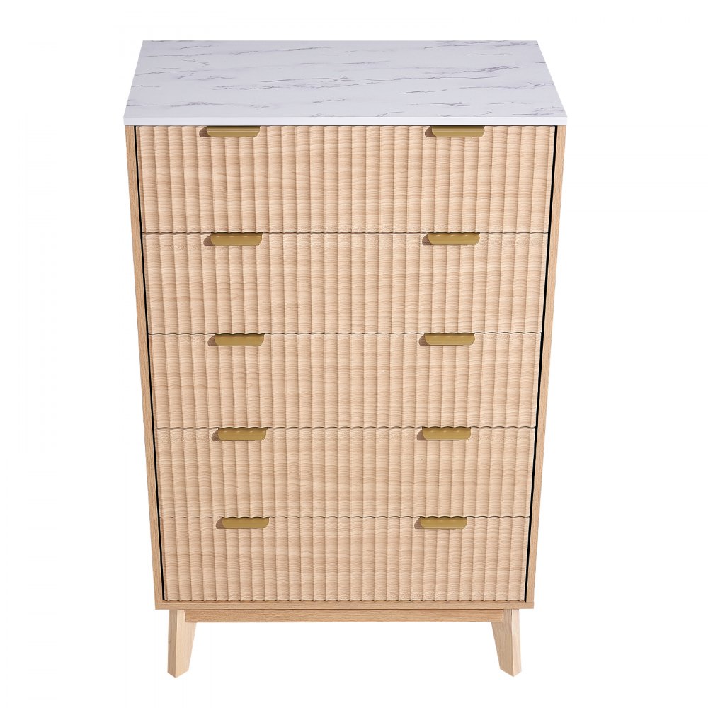 VEVOR 5 Fluted Drawer Dresser, Wooden Chest of Drawers with Sliding & Anti-tip Device, Modern Minimalist Dresser Chest, Closet Storage Organizer for Living Room, Hallway, Bedroom, Entryway, Light Wood