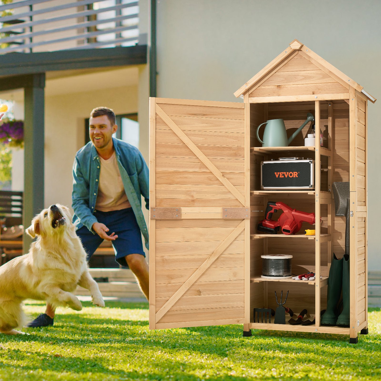 VEVOR Outdoor Storage Shed, Large Wooden Outside Storage Shed, Garden Tool Shed with Shelves, Lock, and Floor, Waterproof Storage House Cabinet for Patio Yard Lawn Garden, 28x63 inch