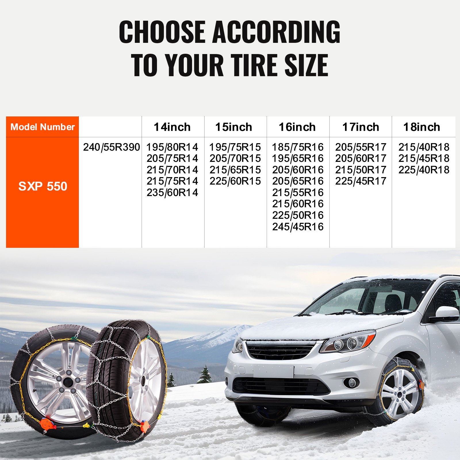 VEVOR Sneeuwkettingen Mangaan gelegeerd staal, Noodtractiebandenkettingen, Sneeuwbandenkettingen voor auto's, pick-ups, SUV's en vrachtwagens Zilver Set van 2 648/695 mm voor 195-15; 235/60-15; 215/70-14; 205/70-15