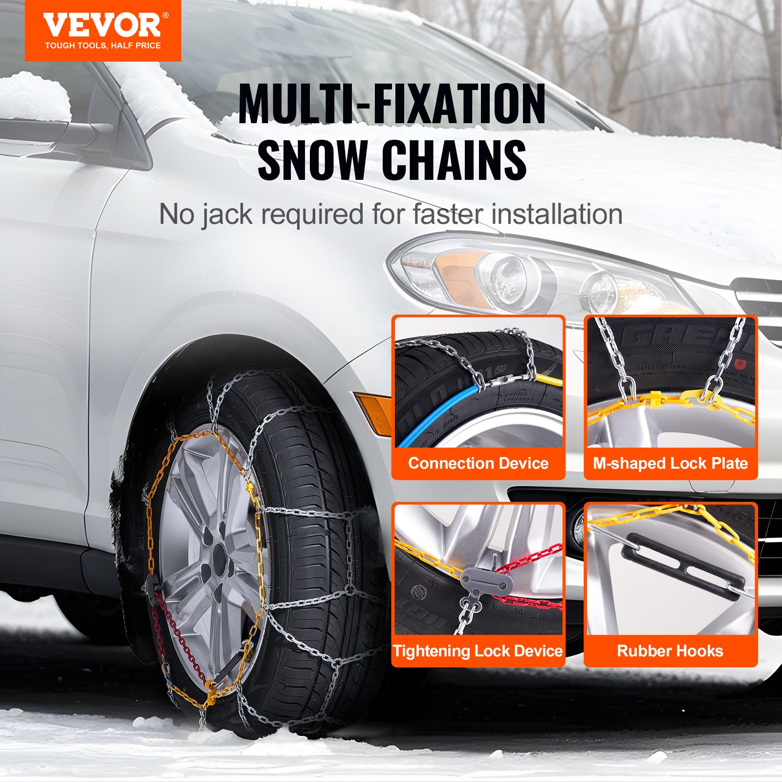 VEVOR 2PC Snow Chains, Manganese Alloy Steel Emergency Traction Tire Chains for Cars, Pickups, SUVs, and Trucks, Snow Tire Chains for 225/70-15, 235/60-16, 235/50-18, 245/45-18, 245/45-17, Silver