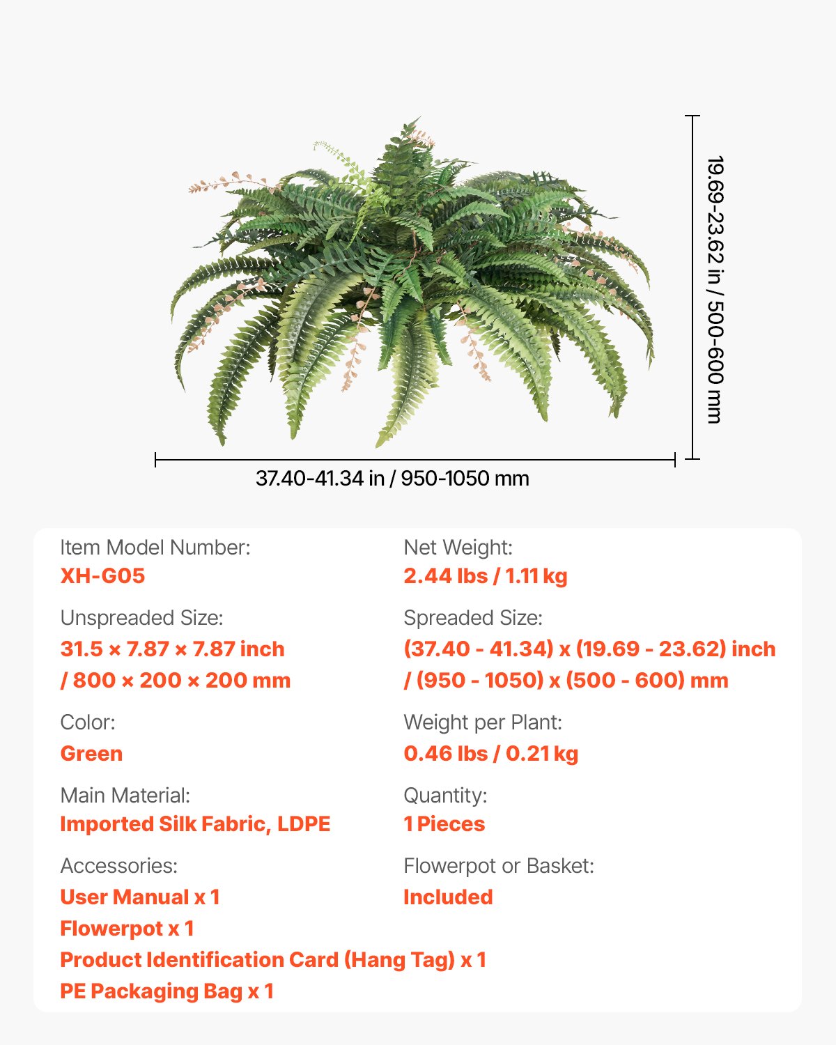 VEVOR Kunstvarens, Diameter 95-105 cm, Hangende Kunstvaren Boston, Plantenwanddecoratie met 80 Takken & Bloempot, Kunstvaren voor Huis, Kantoor & Buiten