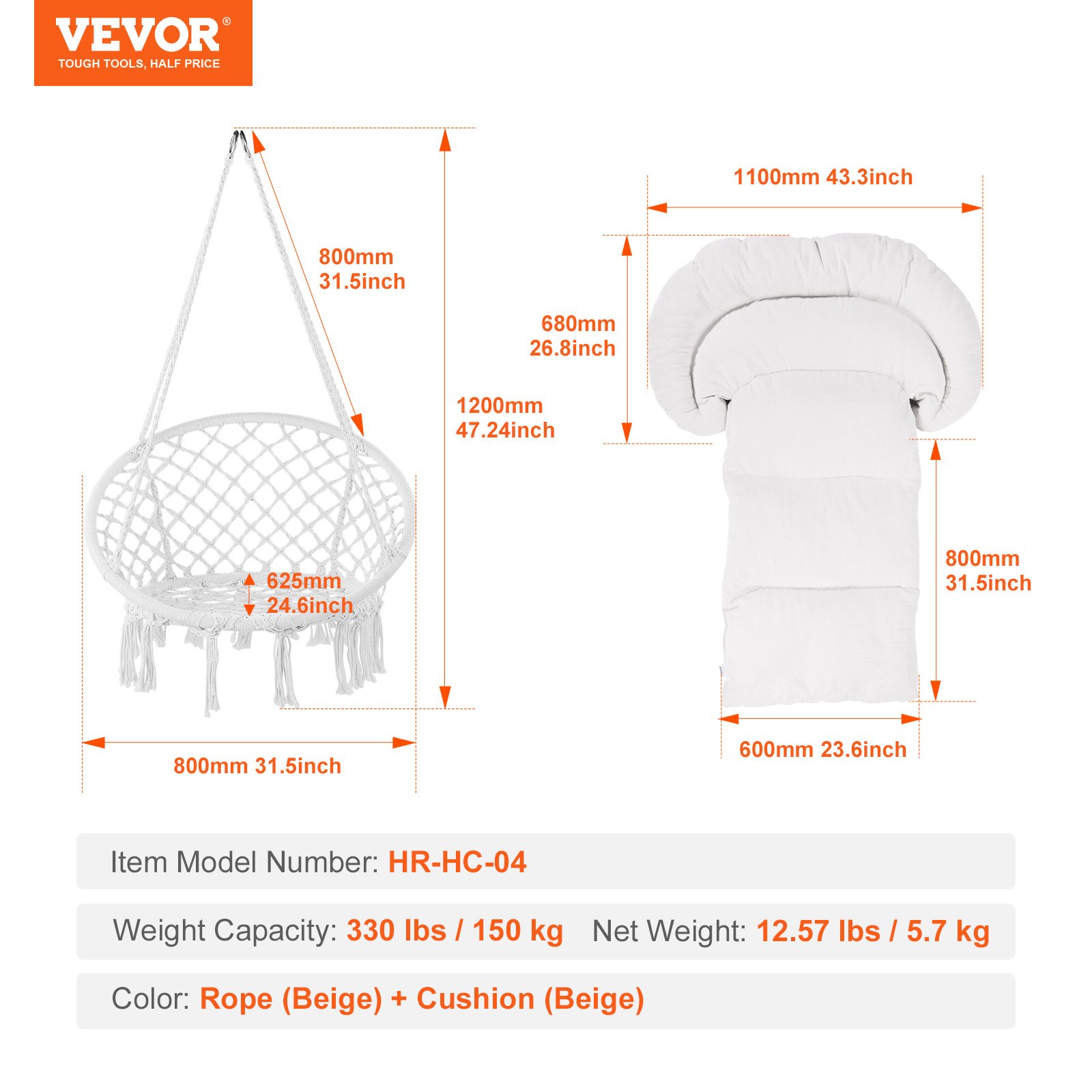 VEVOR Hanging Hammock Swing Chair, 330 Lbs Capacity, Macramé Hanging Chair with Cushion and Mounting Hardware, Cotton Rope Swing Chair for Bedroom, Balcony, Patio, Garden, Beige