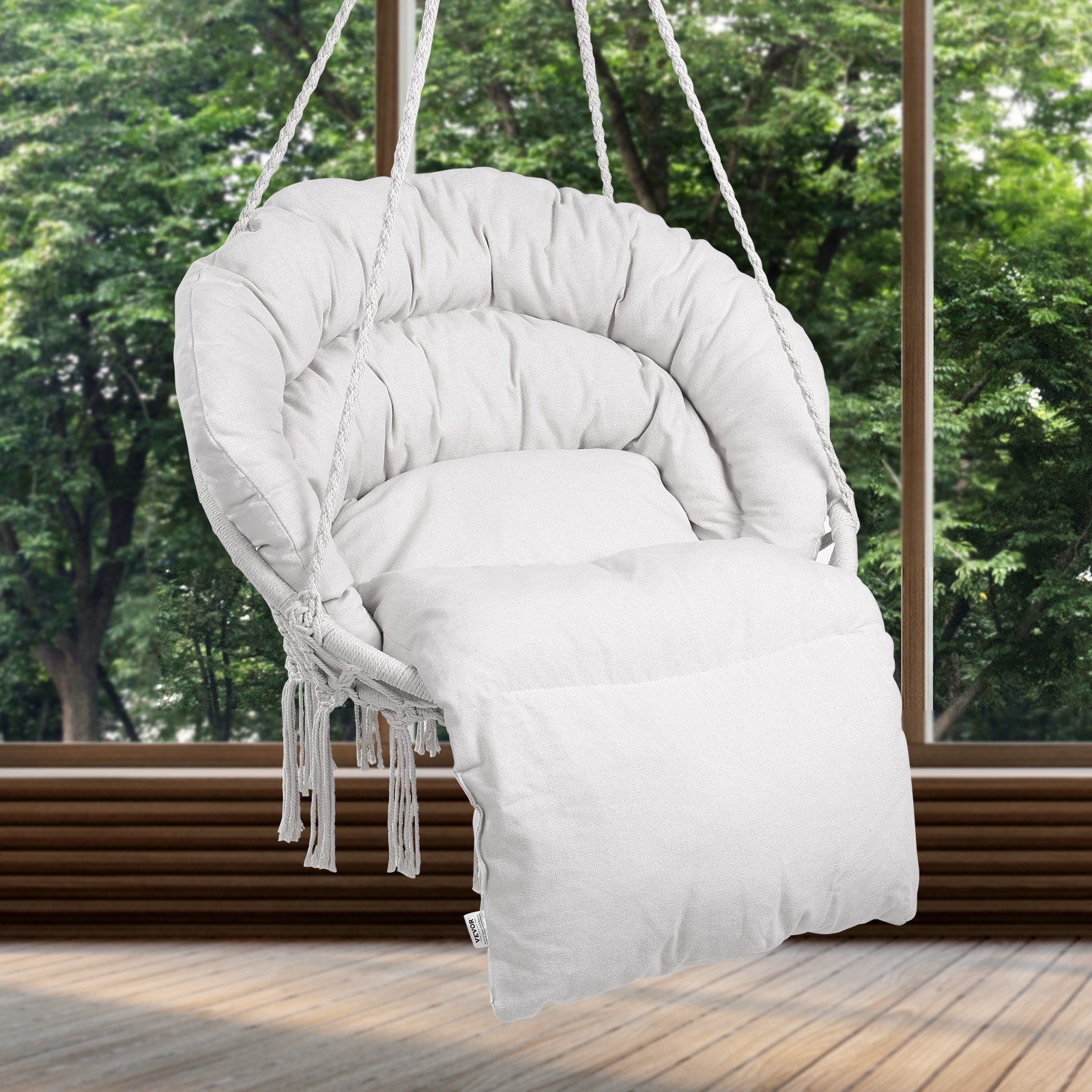VEVOR Hanging Hammock Swing Chair, 330 Lbs Capacity, Macramé Hanging Chair with Cushion and Mounting Hardware, Cotton Rope Swing Chair for Bedroom, Balcony, Patio, Garden, Beige