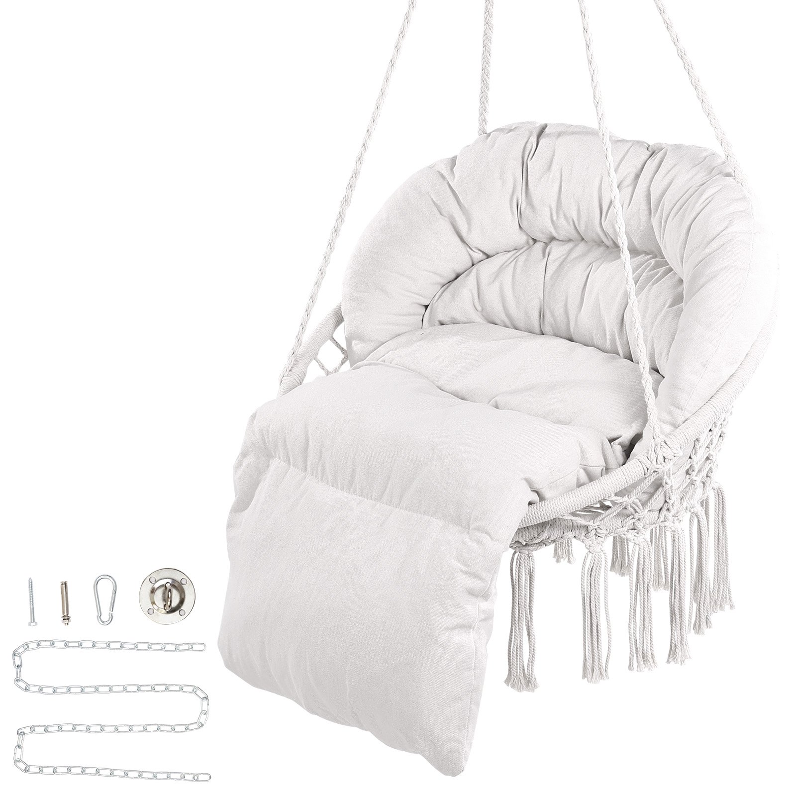 VEVOR Hanging Hammock Swing Chair, 330 Lbs Capacity, Macramé Hanging Chair with Cushion and Mounting Hardware, Cotton Rope Swing Chair for Bedroom, Balcony, Patio, Garden, Beige