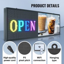 VEVOR Programmable LED Sign, P5 Full Color LED Scrolling Panel, DIY Display Board with Custom Text Animation Pattern, WIFI USB Control, Message Store Sign 67 x 35 cm