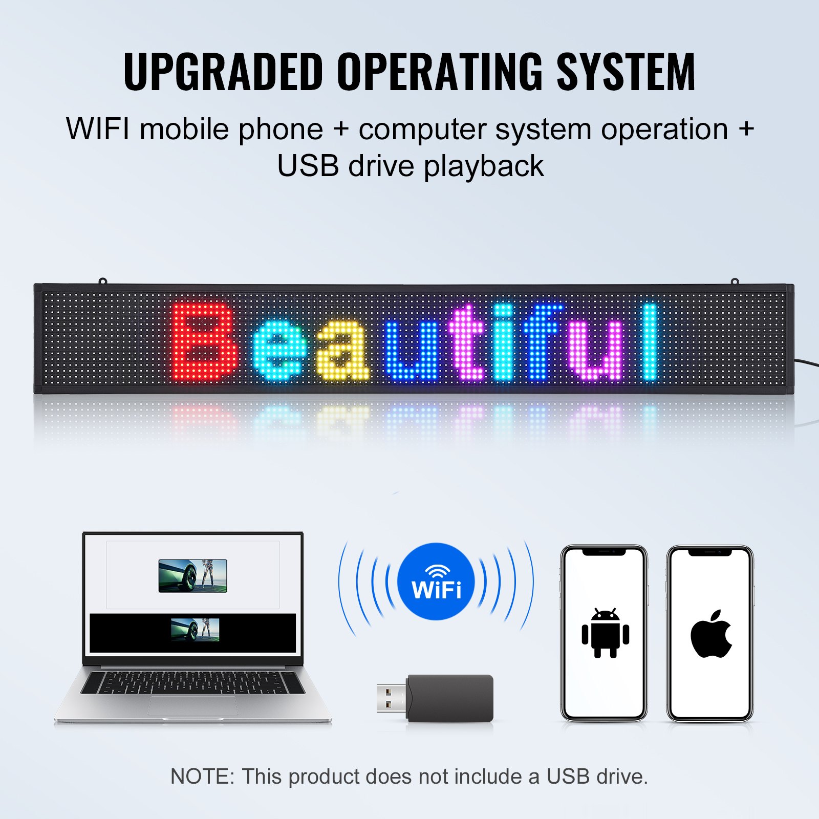 VEVOR Programmeerbaar LED-bord, P10 Full Color LED-scrollpaneel, doe-het-zelf displaybord met aangepast tekstanimatiepatroon, WIFI USB-bediening, Berichtwinkelbord 131x19cm