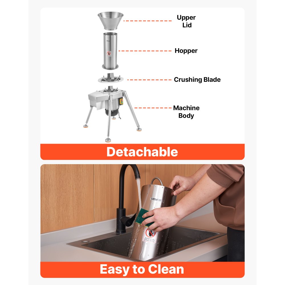 VEVOR elektrische fruitmolen voor appels, 1100 W, roestvrij staal SUS304, fruitversnipperaar, verwerkt hele appels tot 80 mm diameter, 164 kg/u, fruitversnipperaar voor peren, ananas, guave, wortelen en aardappelen.