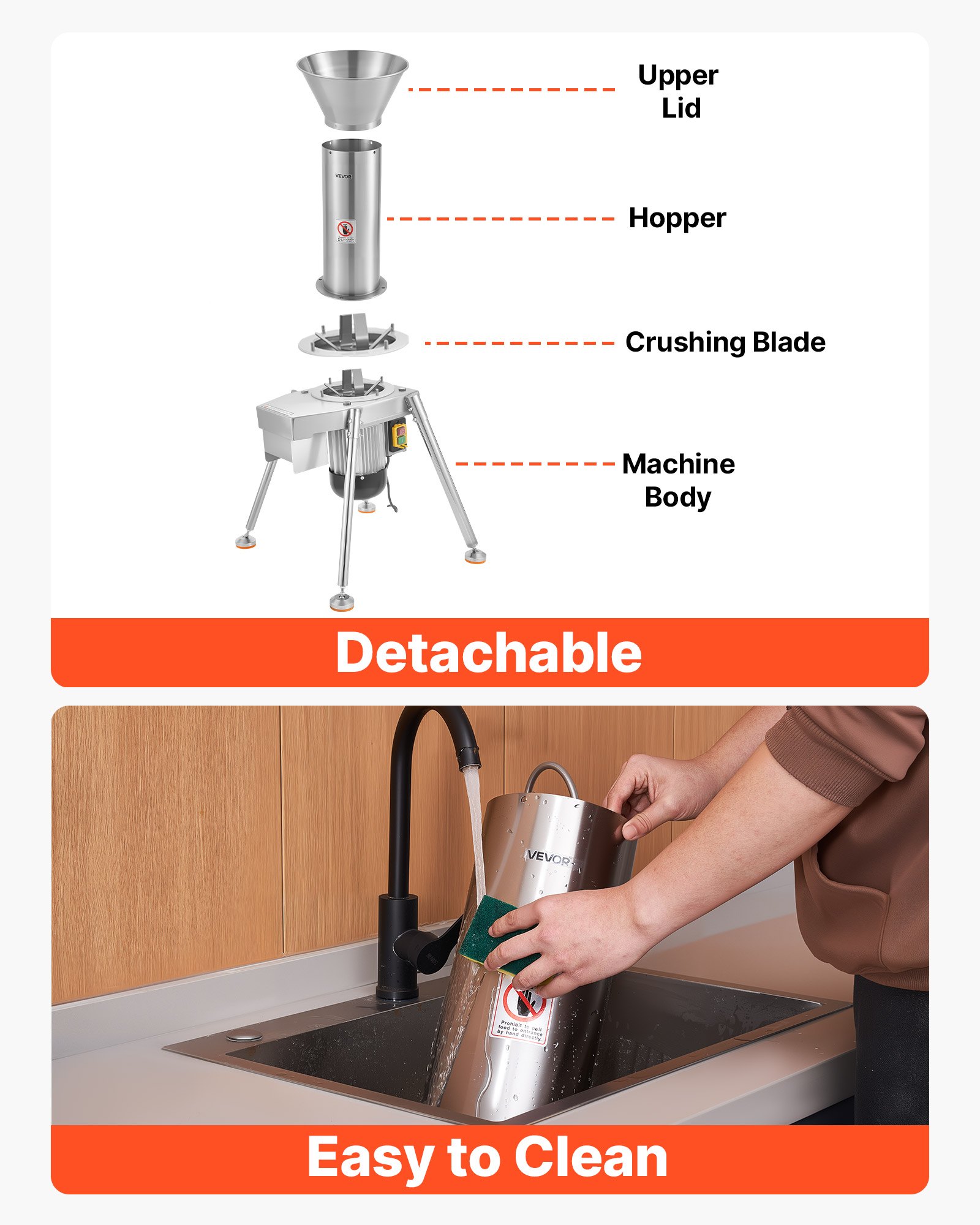 VEVOR elektrische fruitmolen voor appels, 1100 W, roestvrij staal SUS304, fruitversnipperaar, verwerkt hele appels tot 80 mm diameter, 164 kg/u, fruitversnipperaar voor peren, ananas, guave, wortelen en aardappelen.